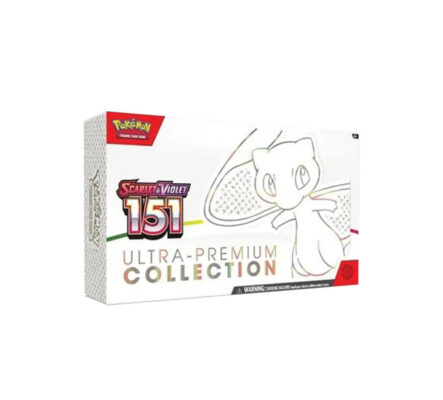 Pokémon Cards 151 Ultra Premium Collection featuring exclusive metal Mew ex card, Mewtwo promo, 16 Scarlet & Violet 151 booster packs, and accessories.