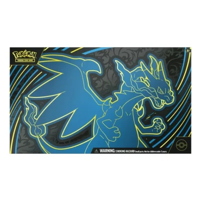 Pokémon Mega Charizard X EX Ultra Premium Collection with exclusive promo cards, booster packs, premium accessories, and collector storage box.