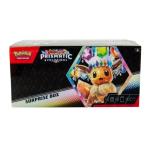 Pokémon Scarlet & Violet Prismatic Evolutions Surprise Box—sealed mystery box with vibrant boosters, collectible Pokémon cards, and exciting surprises.