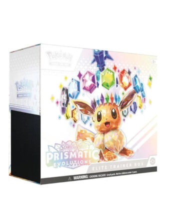Buy Pokemon Scarlet & Violet Prismatic Evolutions Elite Trainer Box with booster packs, exclusive promo card, premium accessories, and stunning artwork.