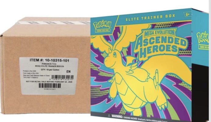 Ascended Heroes Elite Trainer Box with 9 booster packs, exclusive promo card, sleeves, accessories, and storage box. Ideal for players and collectors.